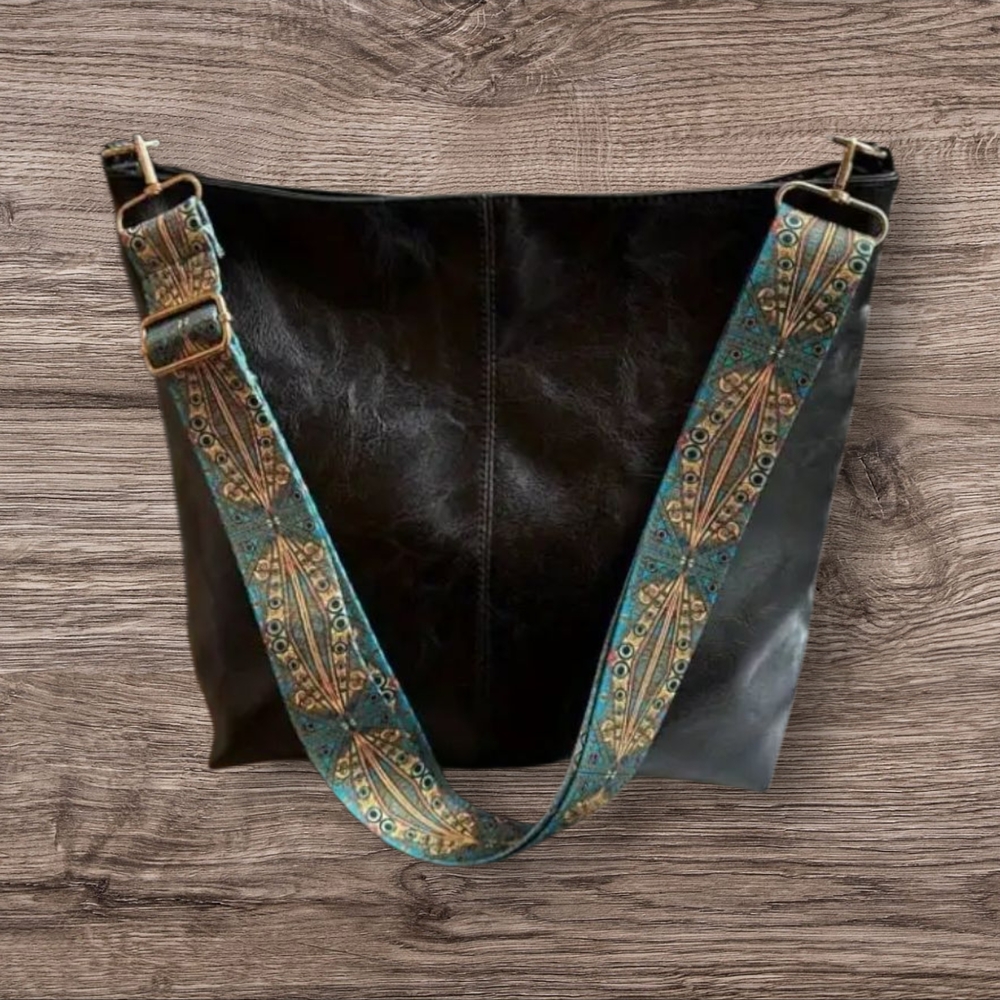 NEW Black Tote Bag with Patterned Strap